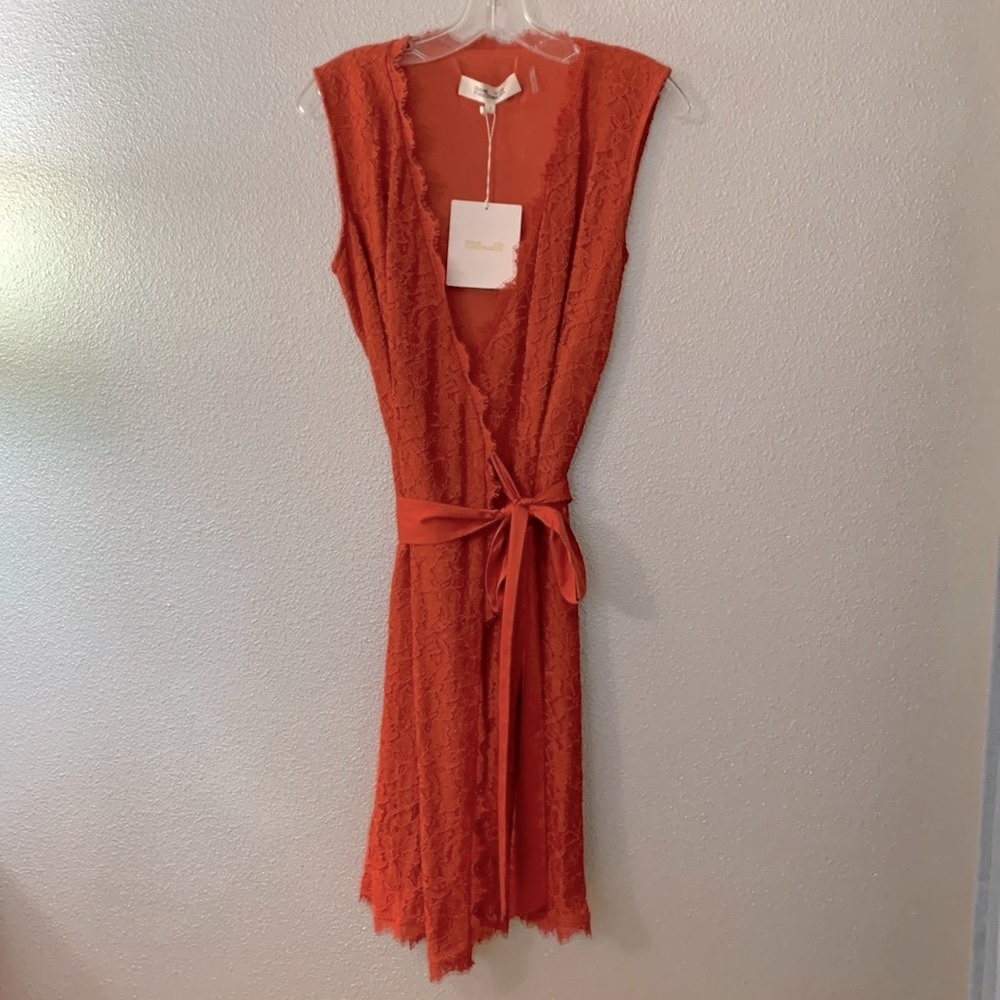 DIANE Von Furstenberg Juliana Red and Orange Wrap Lace Dress